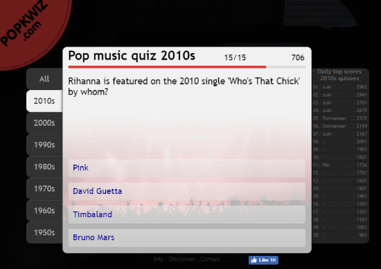 online pop music trivia quizzes