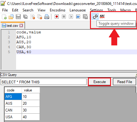 CSV Query toggle query window