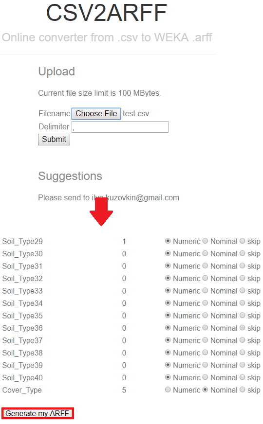 CSV2ARFF online tool in action