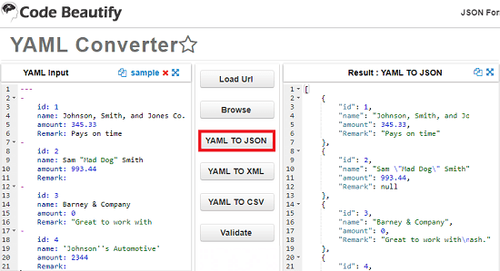 Code Beautify YAML to JSON Online Converter
