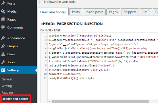 Insert code on website