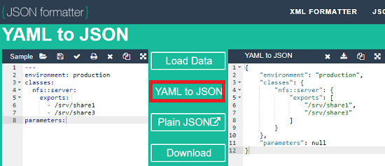 JSON formatter converting YAML to JSON
