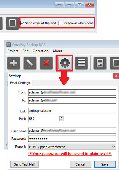 OneWay Backup RC2 email settings