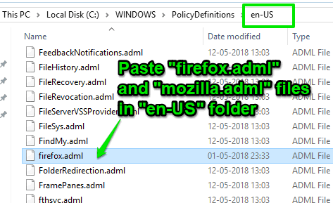 Paste firefox.adml and mozilla.adml files in en-US folder
