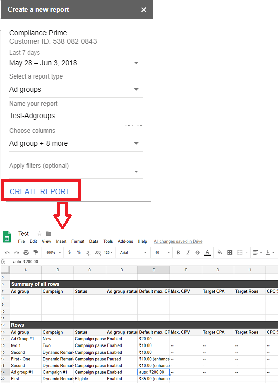 Report created in Google Sheets using data from AdWords