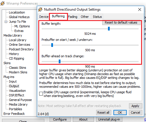 Winamp Preferences buffering options