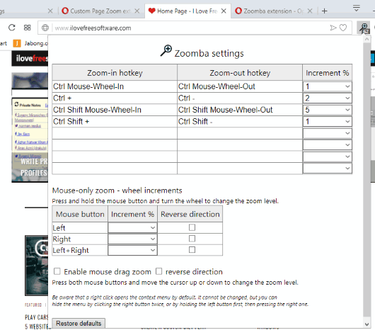 Zoomba extension settings pop up