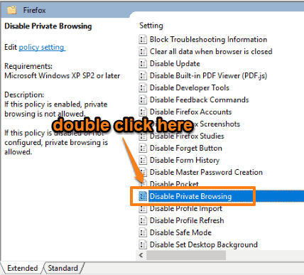 double click disable private browsing option