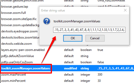 double click on toolkit.zoomManager.zoomValues option and add custom zoom values