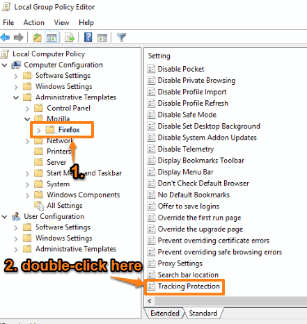 double click tracking protection setting in firefox folder