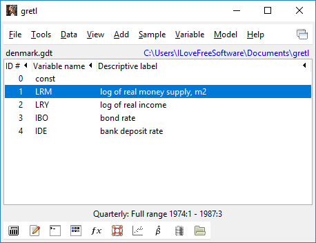 gretl interface and file imported
