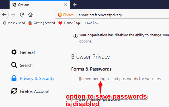option to save passwords is disabled