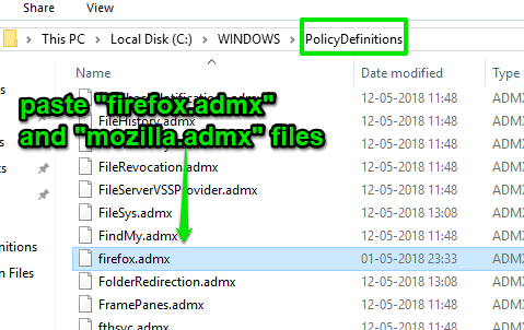 paste firefox.admx and mozilla.admx files in PolicyDefinitions folder