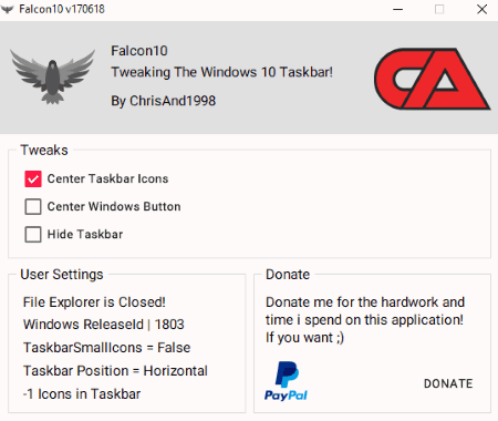 select center taskbar icons option
