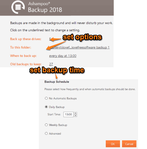 set backup options