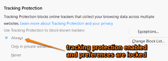tracking protection enabled and preferences are locked