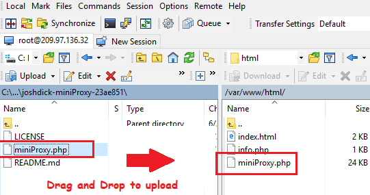 upload miniproxy php file to server