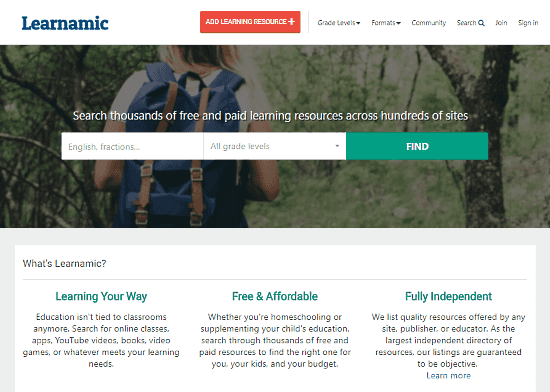 Learnamic: Find educational resources across the Internet