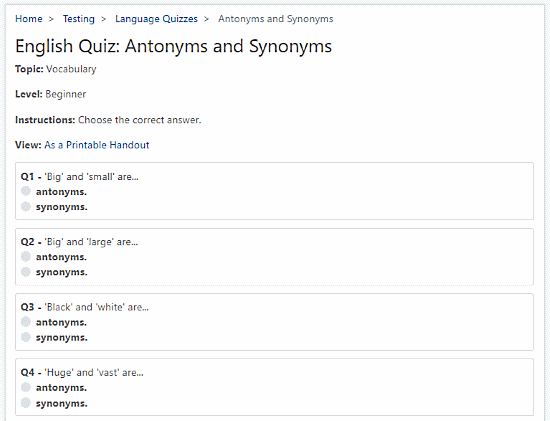 play synonyms Antonyms Quiz online