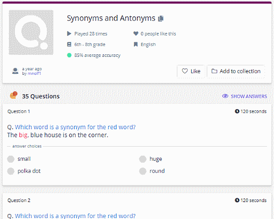 online synonyms Antonyms Quiz