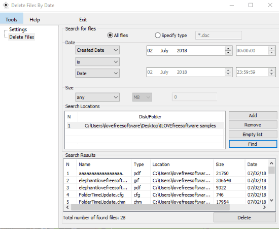 Delete Files By Date- interface