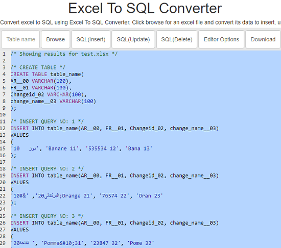 Excel to SQL converter beatify tools