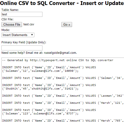 Online CSV to SQL Converter