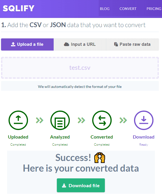 SQlify free CSV to SQL converter website