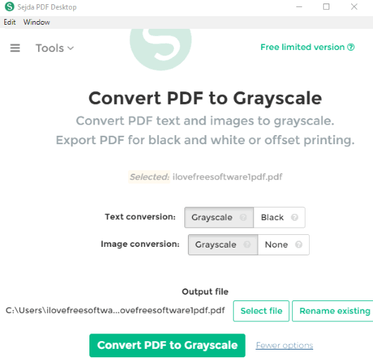 Sejda PDF Desktop- pdf to greyscale feature