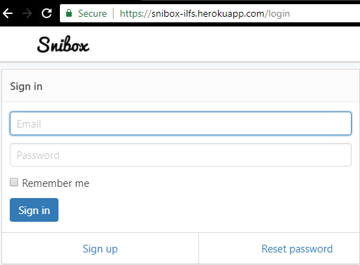 Snibox sign in form