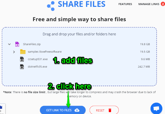 add files and click get link to files button