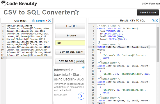 code beautify CSV to SQL converter