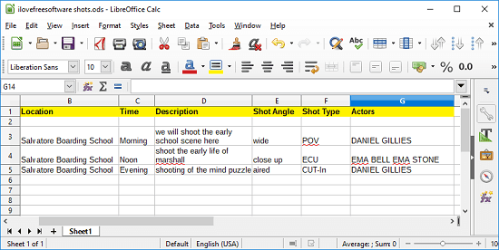 create shot list in LibreOffice Calc