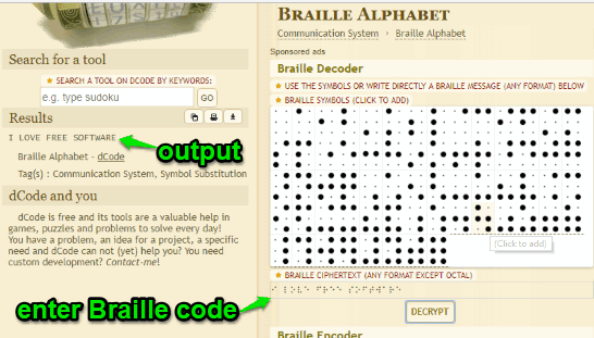 dCode website Braille Decoder