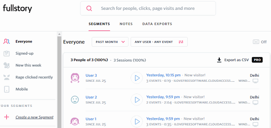 full story dashboard with user session stats