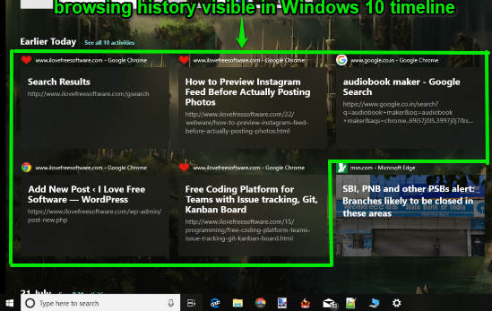 google chrome browsing history visible in windows 10 timeline