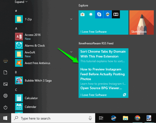 rss feed live tile added to windows 10 start menu