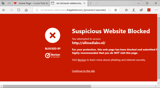 suspicious website blocked by norton safe web microsoft edge extension