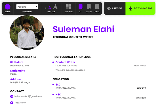 Free WYSIWYG Resume builder to design Resume Online, Download PDF