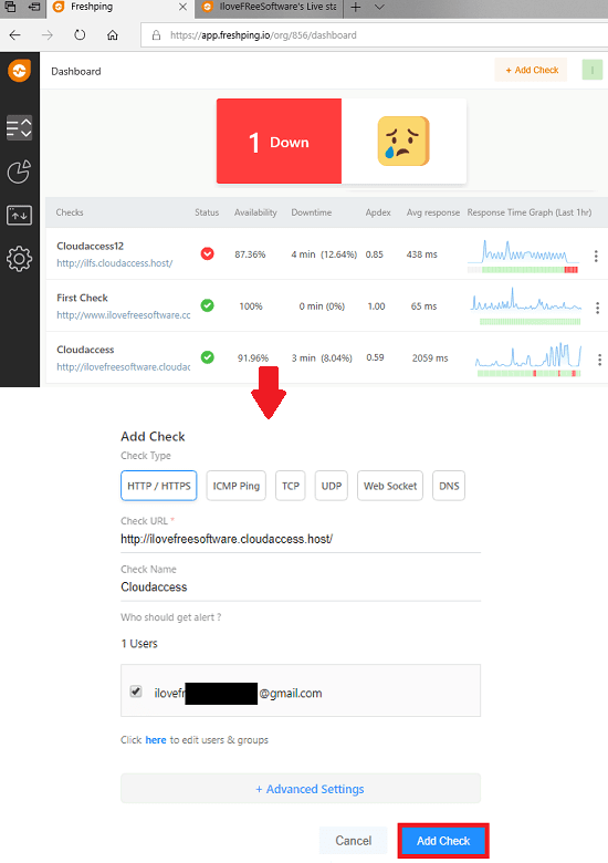 Freshping interface and dashboard