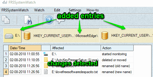 added entries and changes detected in selected entry