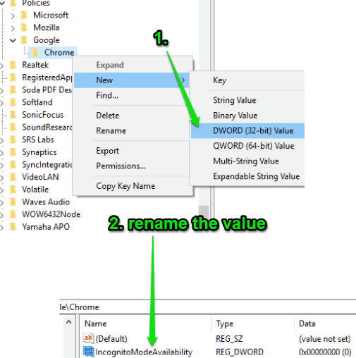 create incognitomodeavailability dword value