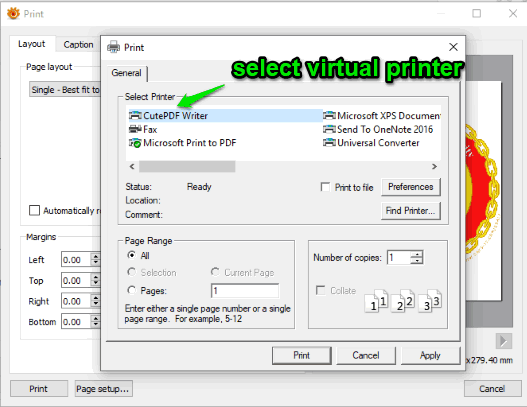 select virtual printer and print output as pdf