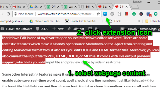 select webpage content and use extension icon
