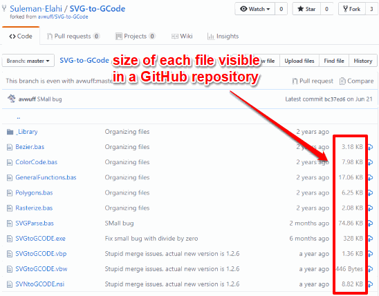 size of each file visible in a github repository