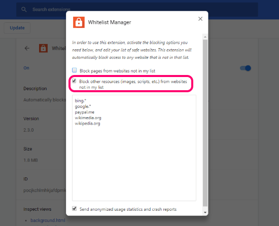 block websites resources in Google Chrome