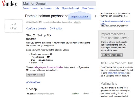 host email of your own domain on yandex