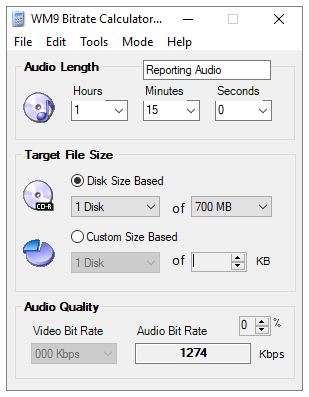 WM9 audio bitrate calculator software