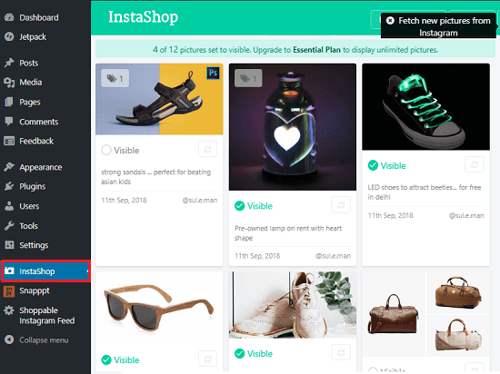 InstaShop showing instagram photos from account