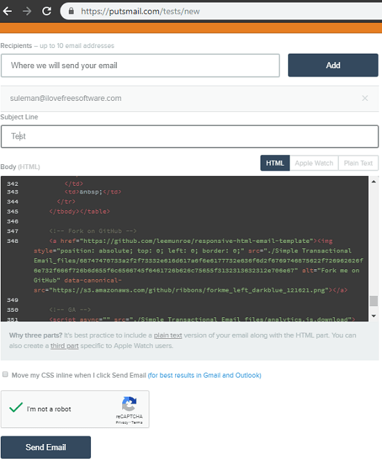 Putsmail html email testing